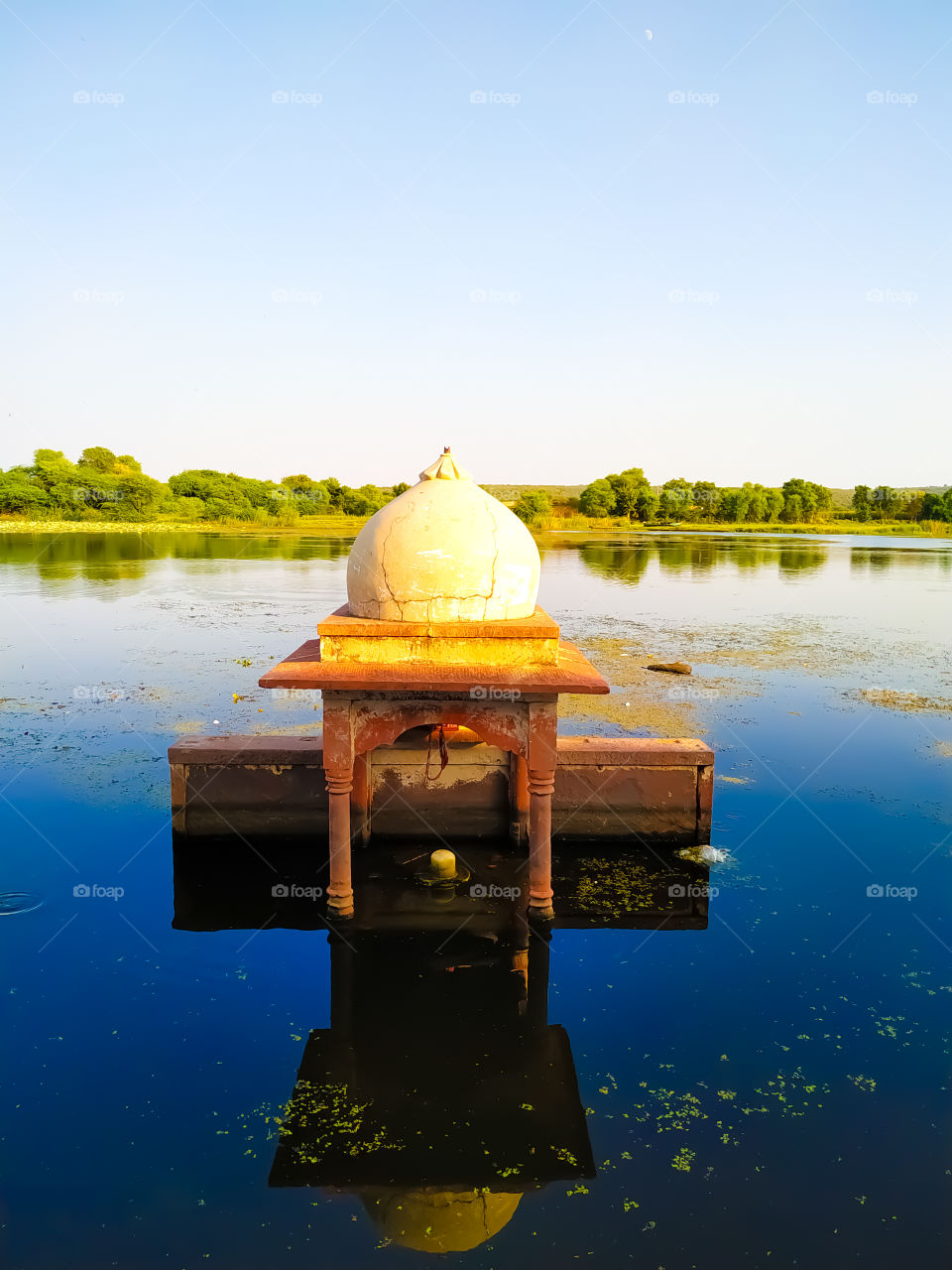 The idol of Lord Shiva in the river with green trees on one side of the river