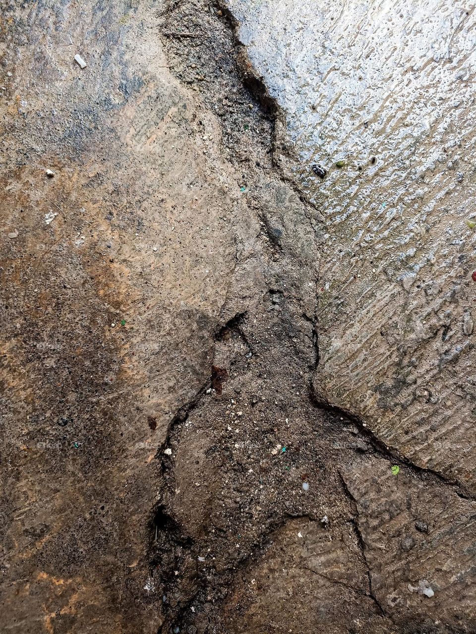 Close-up of rough textures and cracks on a surface that appears to be stone or concrete, with hints of bright colors scattered throughout. The surface appears gray with large cracks