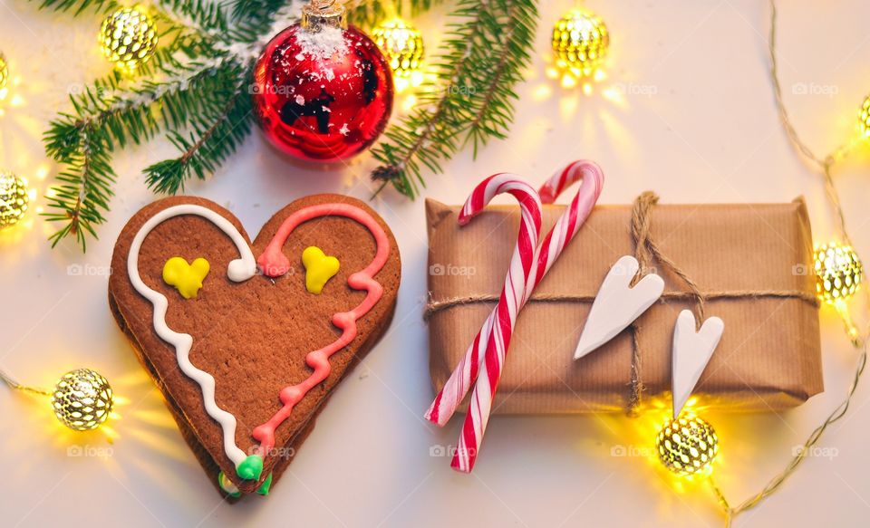 Christmas presents with gingerbread cookie