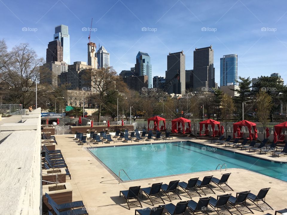 Pool with the Philadelphia skyline behind it