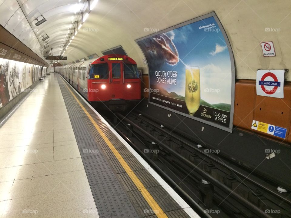 Tube train London . London tube train platform 