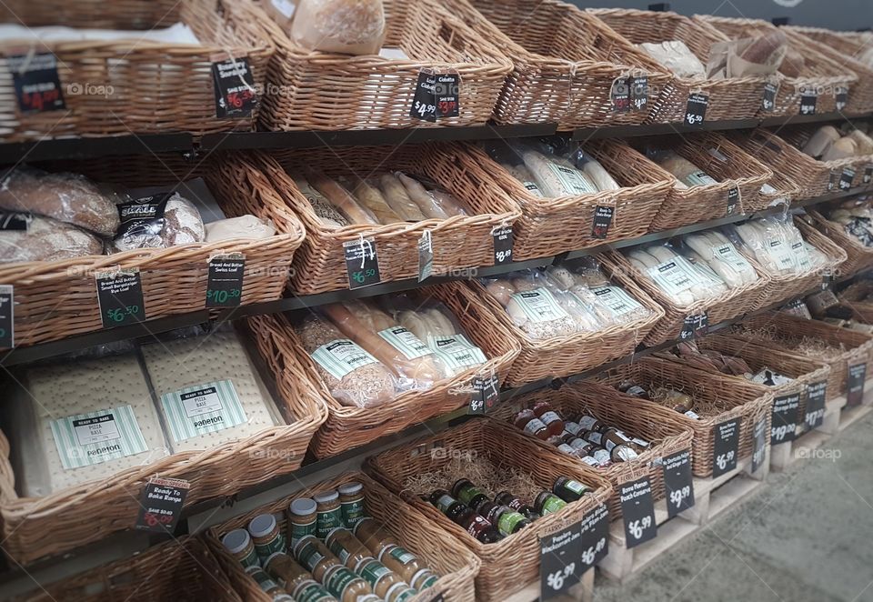 market stall fresh and packaged bread varieties