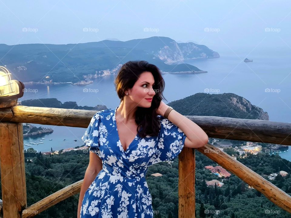 Beautiful girl looking at the sea, Paleokastritsa Corfu