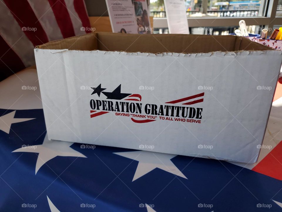 Operation Gratitude set up at local veteran owned coffee shop.