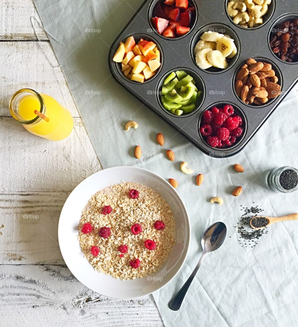 Healthy breakfast with selection of fresh fruits 