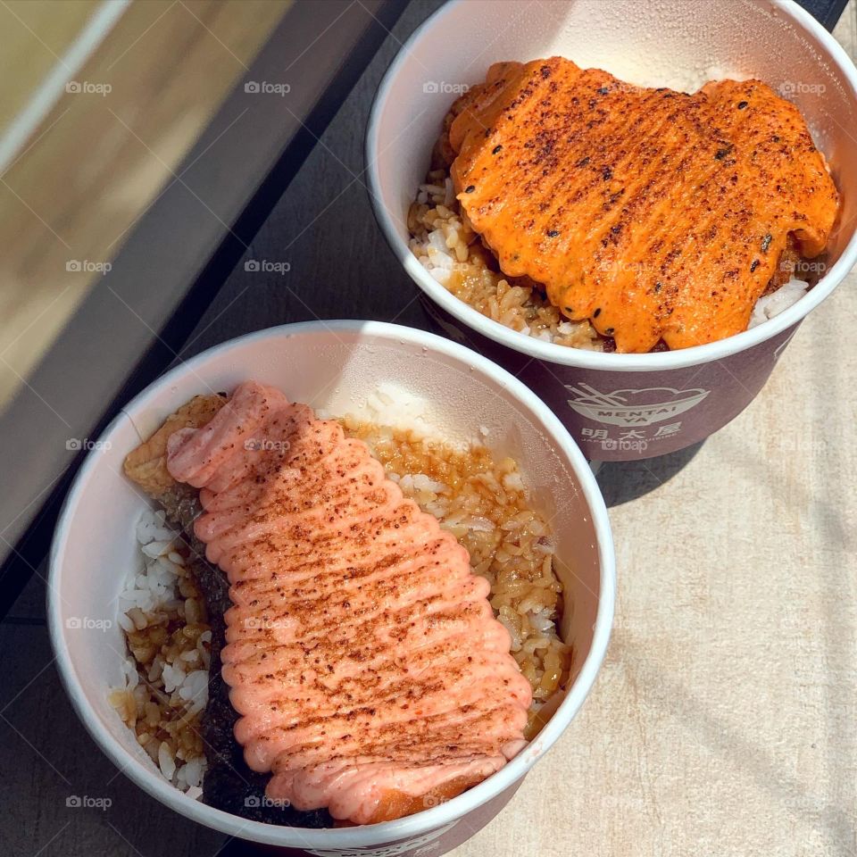 Mentaiko feast with salmon, spicy chicken, tamago and fries 