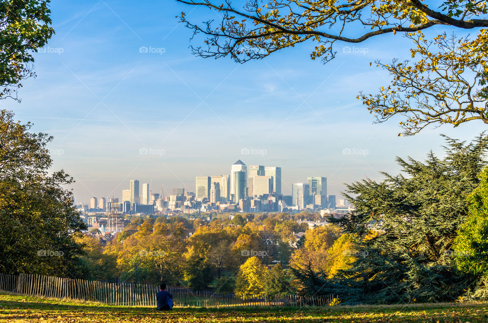A man takes in the skyscrapers of Canary Wharf from the peace Greenwich Park provides in autumn, London

