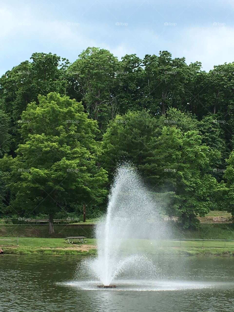 Summer view of lake with fountain