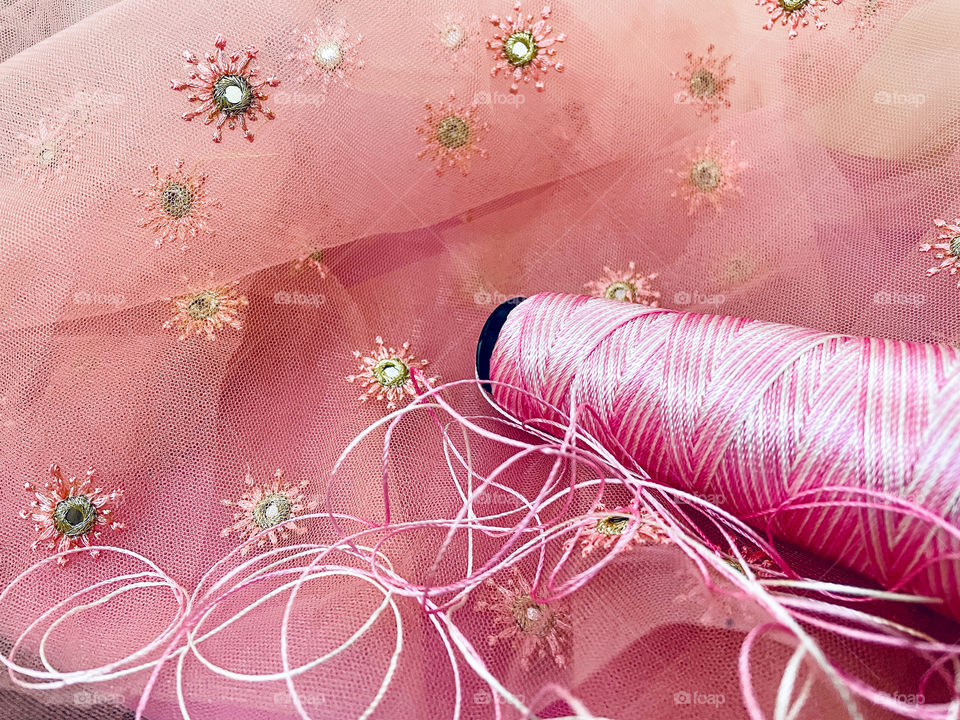 Pink Lace fabric and embroidery thread