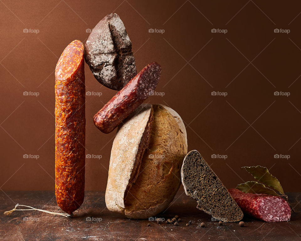 composition of bread and sausages.