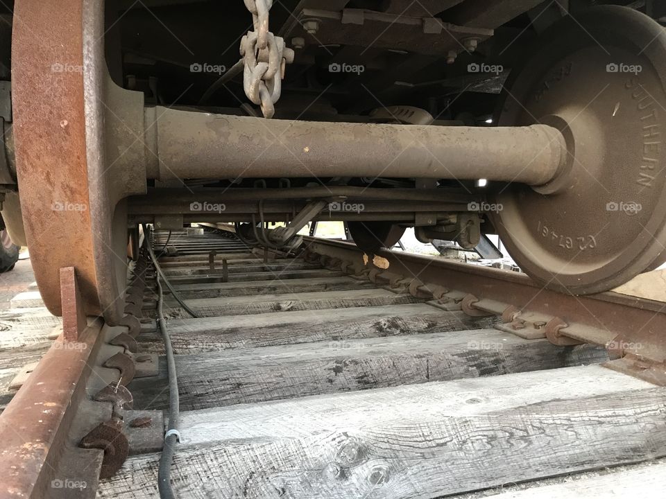 Railroad tracks under a train