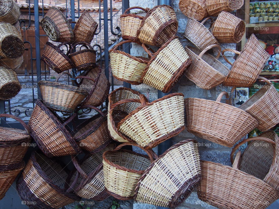 Wicker baskets at market for sale