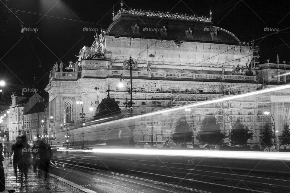 Theater building in Prague at night