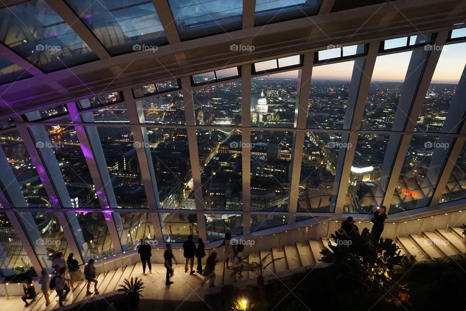 Night time shot of a side window in the Sky Garden … you can just make out St Paul’s Cathedral which is lit up brightly 