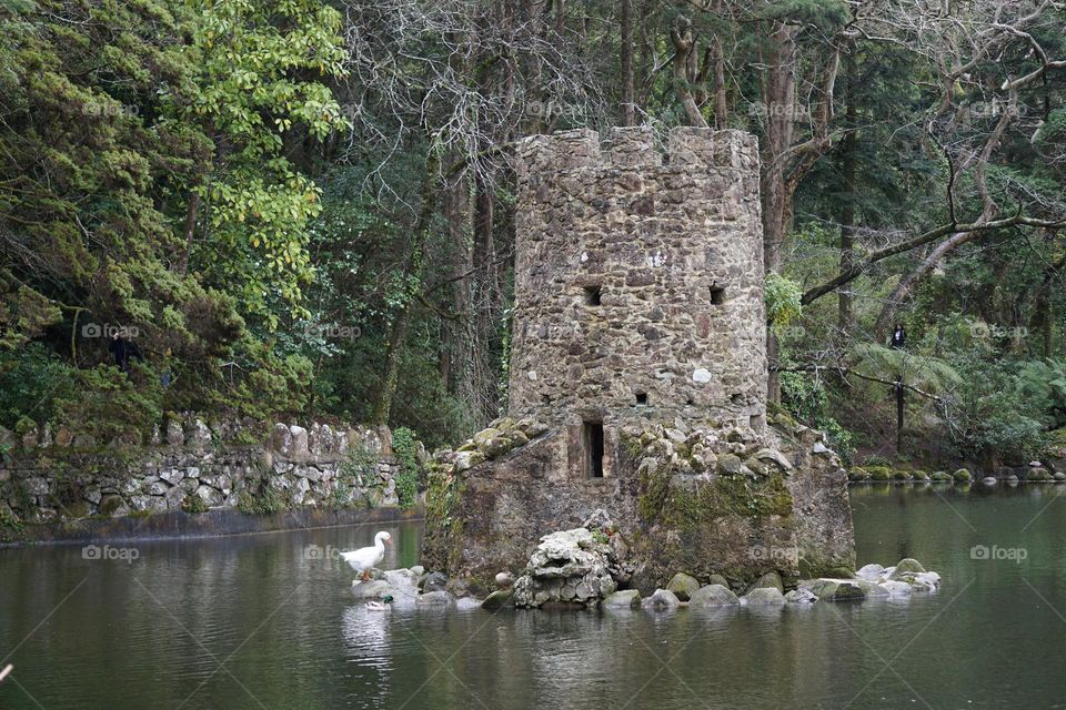 beautiful lake and a small medieval tower, Cida Sintra Portugal.