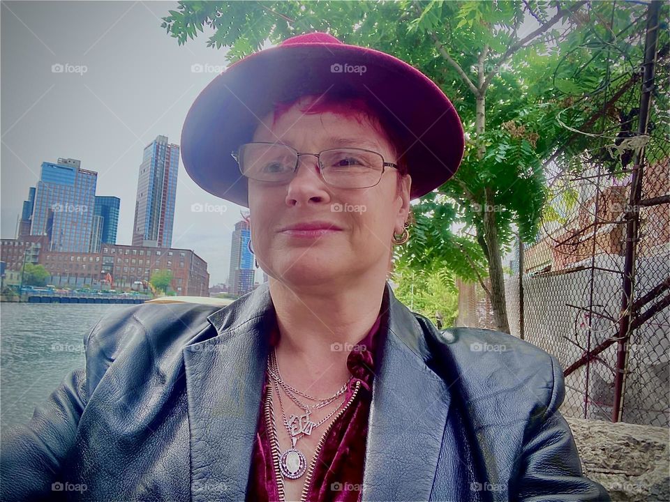 A self portrait taken by the parking lot beneath the „Pulaski Bridge“ by the wall we climb over regularly in order to get to our boat, the „Salvation“. 2022. Hypnotic Productions