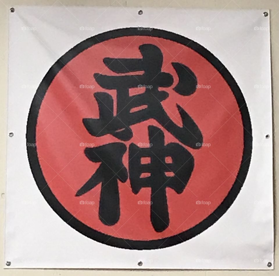 Bujinkan martial arts logo with the Japanese kanji in the center of a red background.