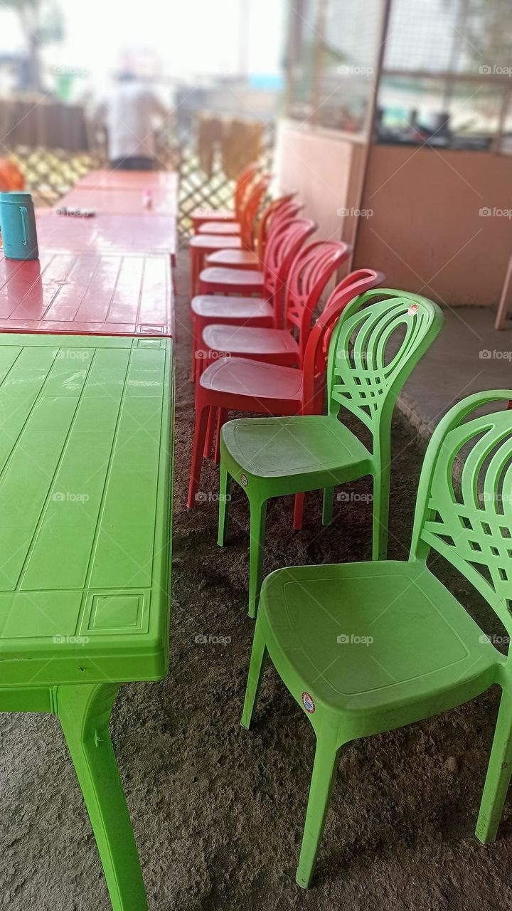 outside sitting place in dhabha is common in India with symmetry