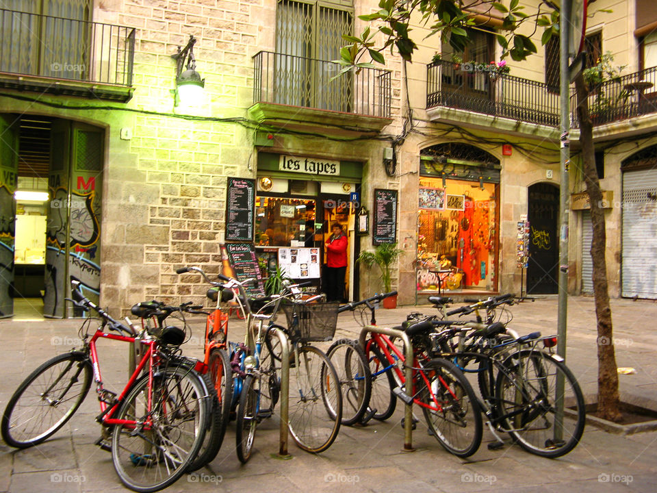 Barcelona, city of bikes . in the Gothic area of Barcelona