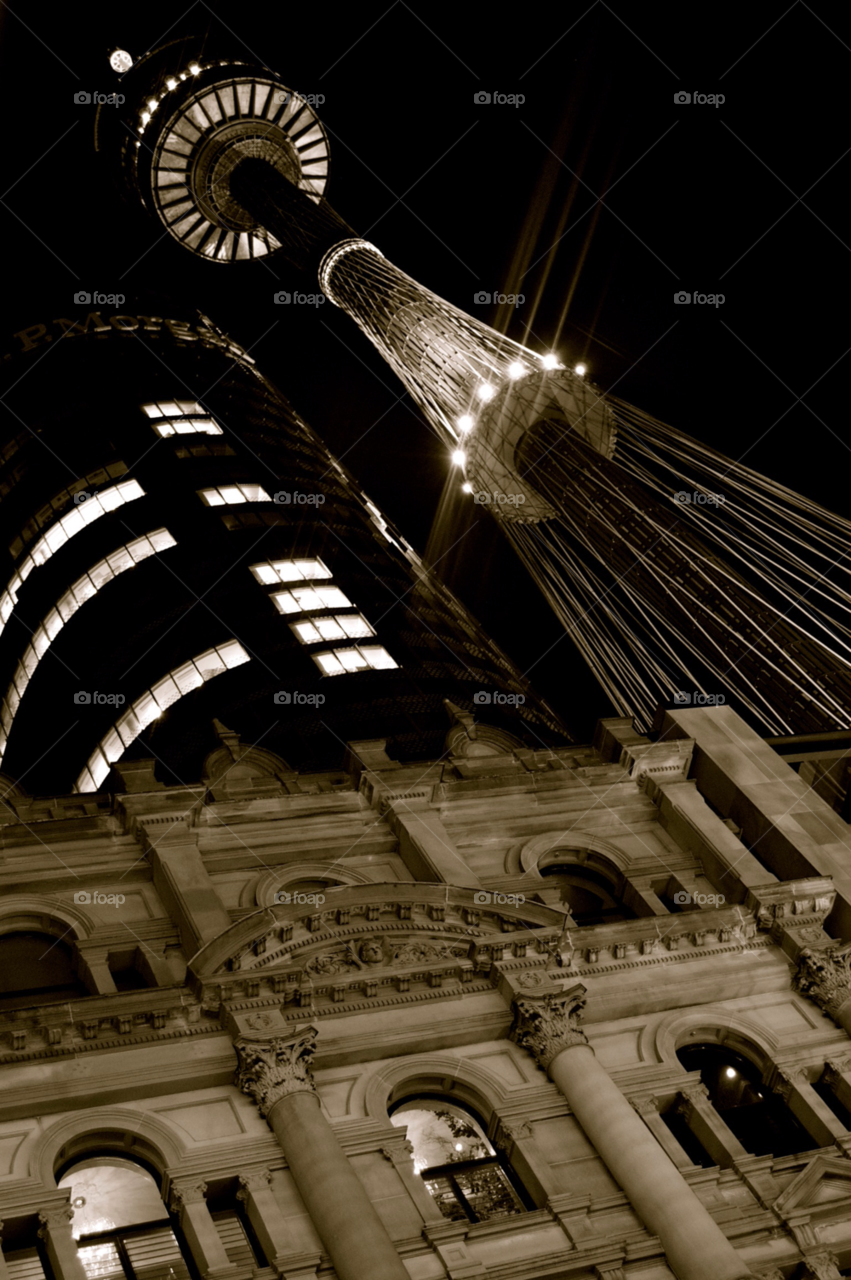 black and white night shot nightscape sydney tower by miake