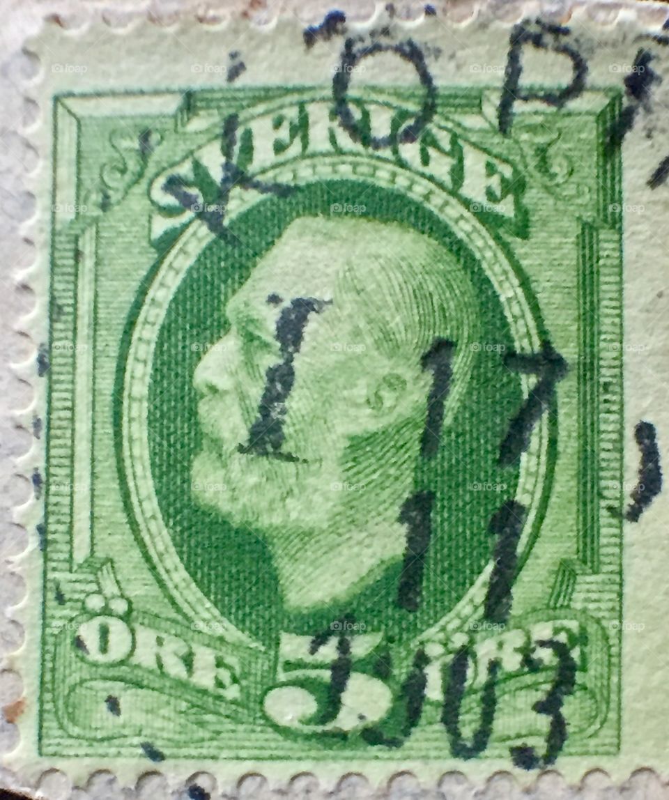 Oscar 11, copper print stamp 1891-1903 green ink Swedish stamp rubber stamped date 1903 ,five ore