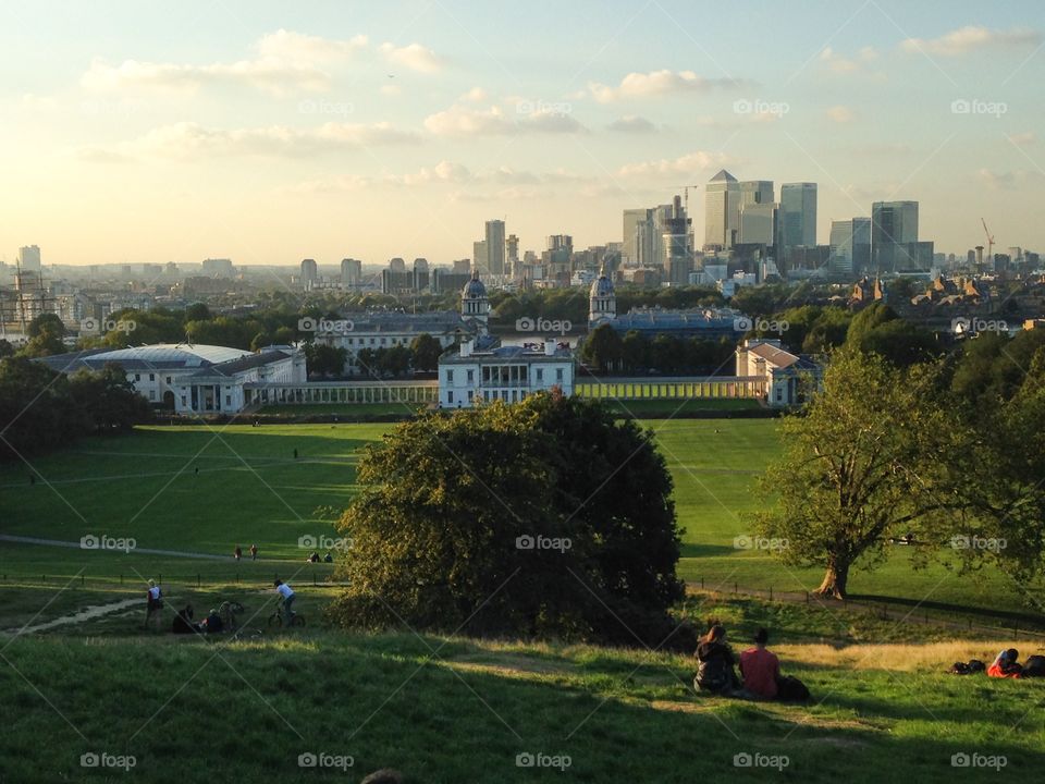 A view. Greenwich famous panorama of the Canary Wharf  as seen from Royal Observatory