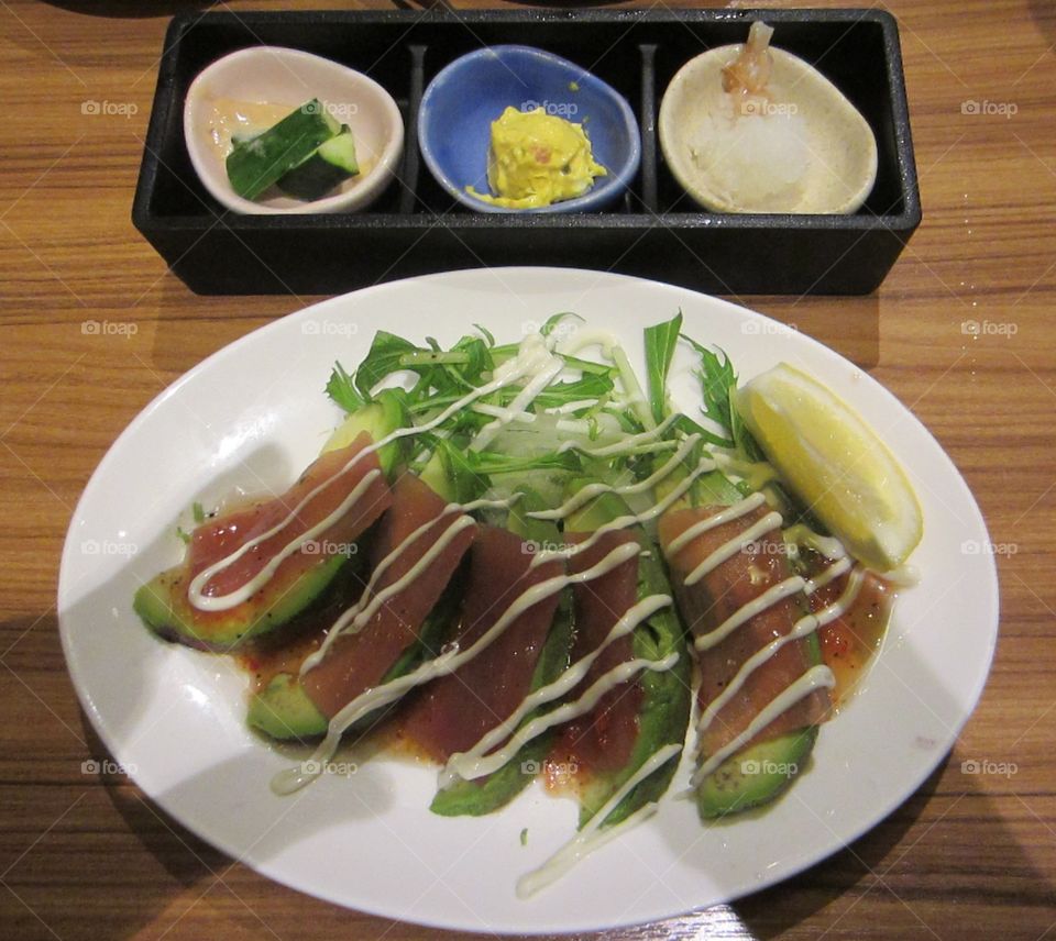 Avocado and Tuna Carpaccio, Watami 24 hr. restaurant.  Tokyo, Japan.