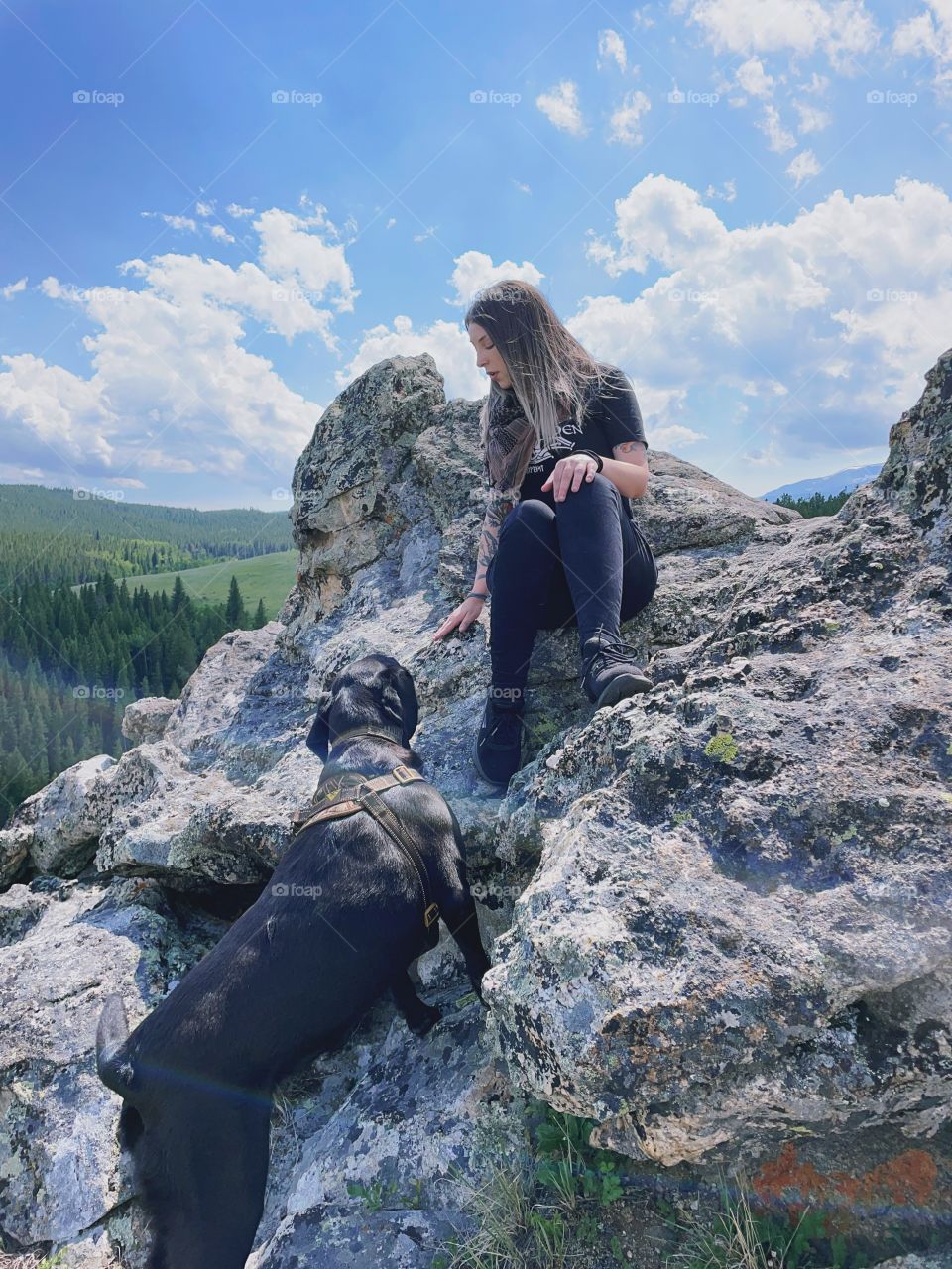Selfie me girl rocks animal dog hiking sitting mountainside