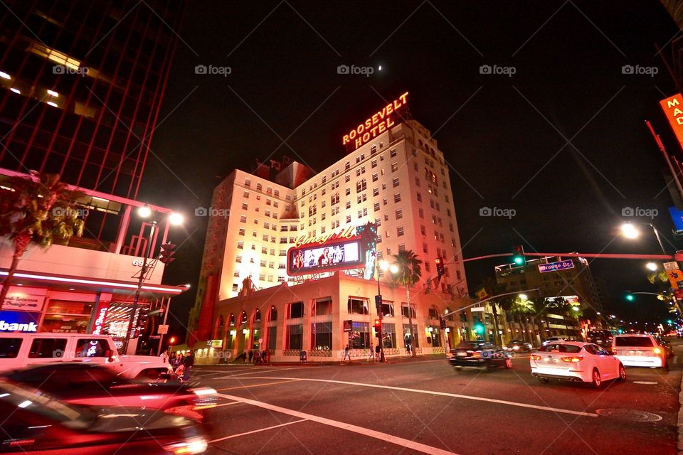 The infamous Roosevelt Hotel in Hollywood at night 