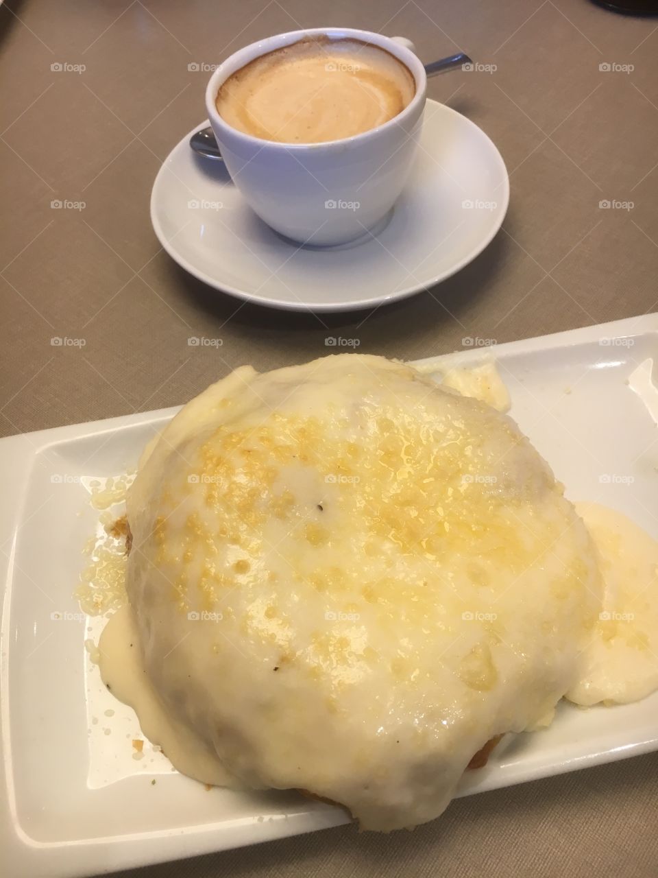 Nice breakfast with bechamel croissant and hot coffee 