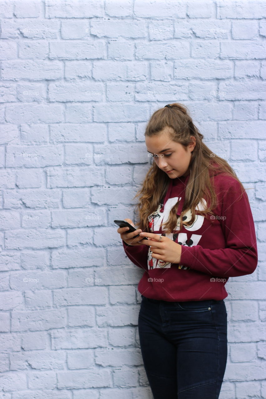 Portrait, Girl, Brick, One, Wall