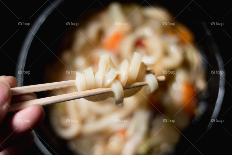 Eating udon noodles.Japan real food/takeaway/cheap food