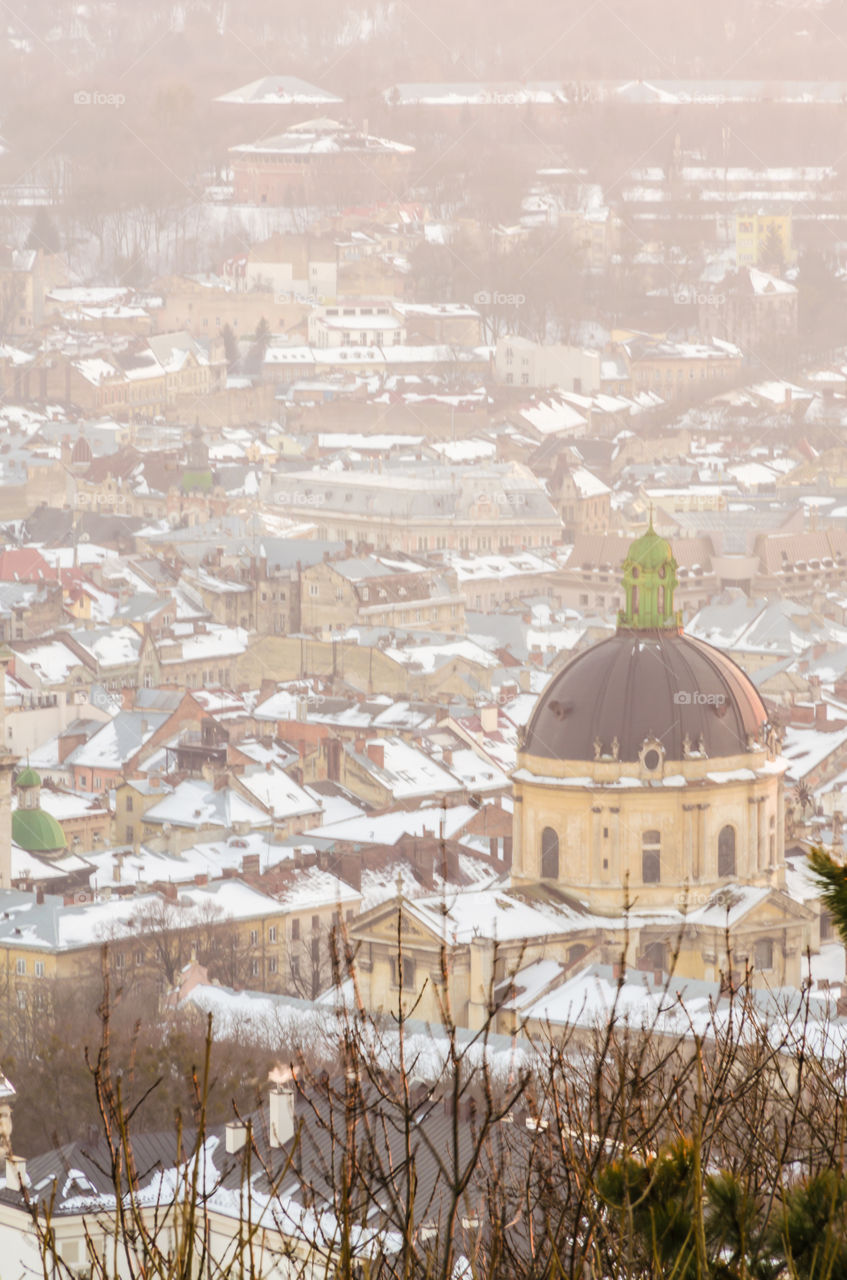 Lviv cityscape during the sunset