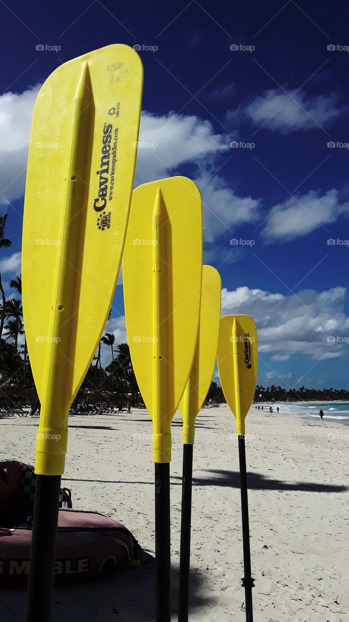 yellow kayak oars