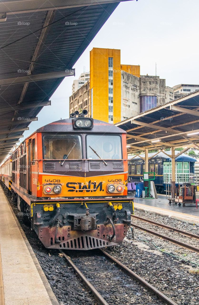 a trian at the Platform of the old main railway station Hua Lamphong in Bangkok Thailand Southeast Asia