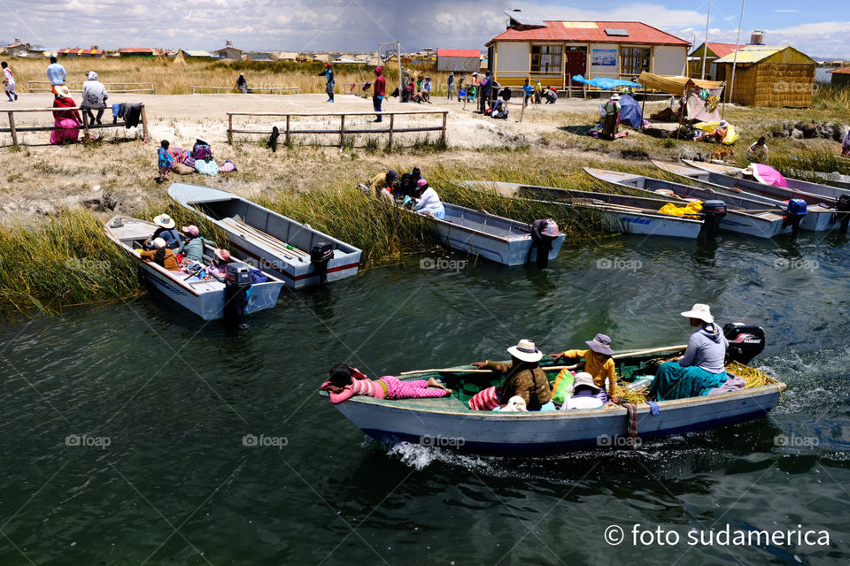 Boats in uros population in the Titicaca lake