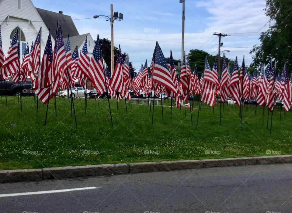 Multiple American flags on street side 