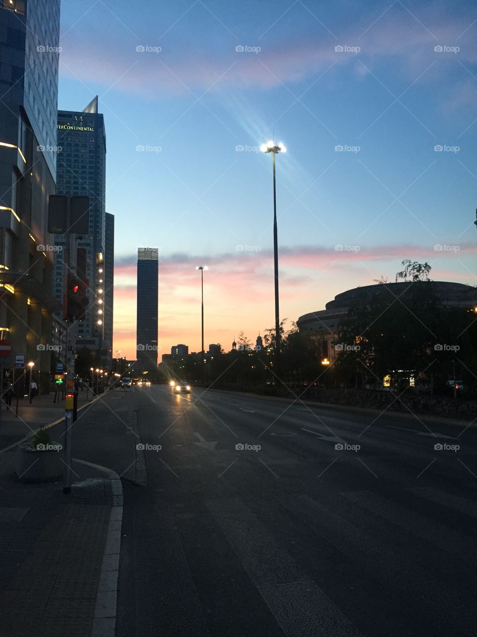 Sunset over Warsaw street