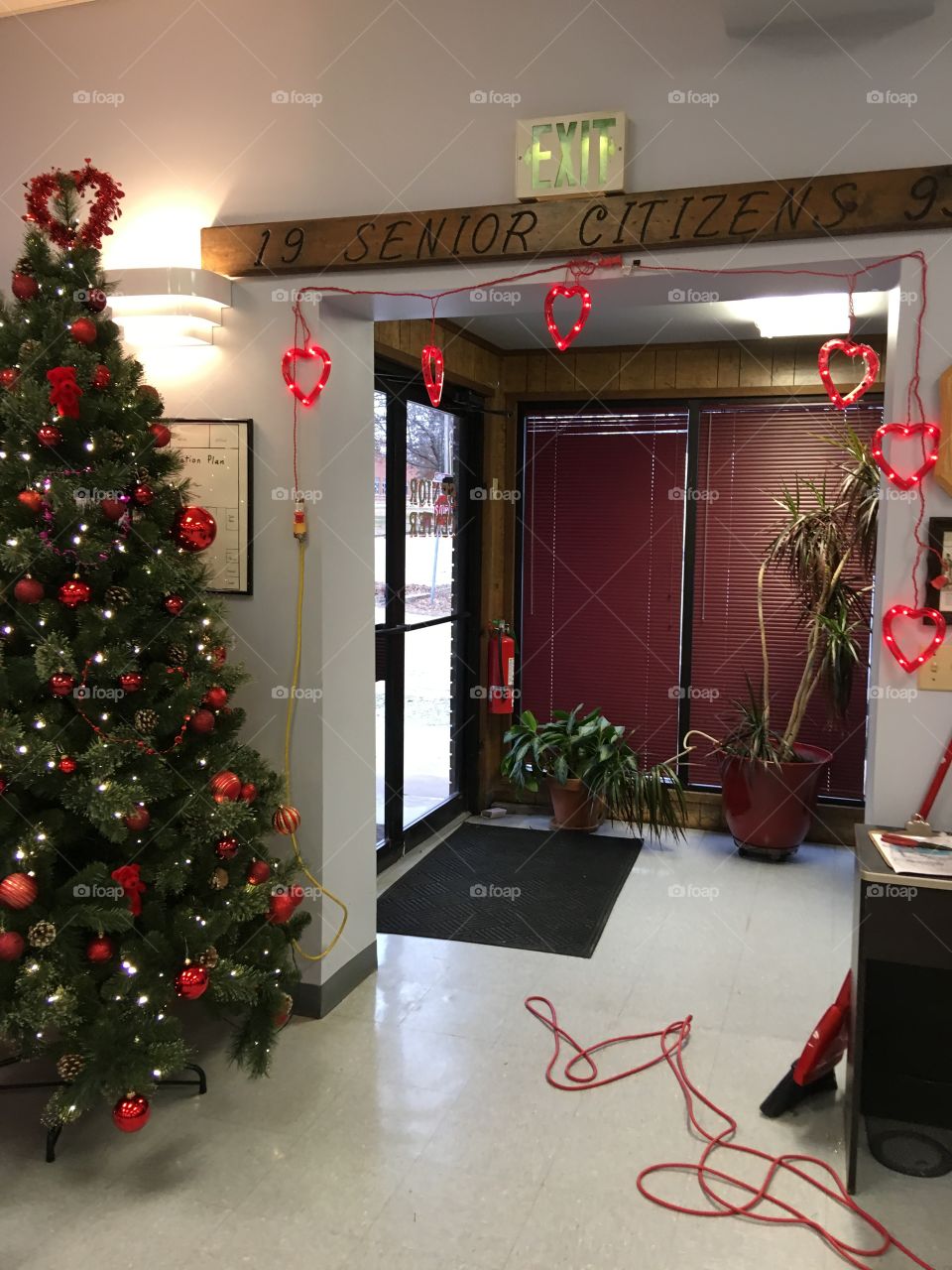 Valentine tree with red bears and bulbs with hanging light hearts hanging beside it.