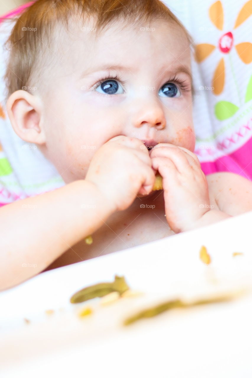 Baby girl eating snack cracker in high chair 