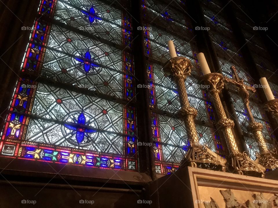 Colorful stained glass windows in the Notre Dame Cathedral a few months before the fire. 