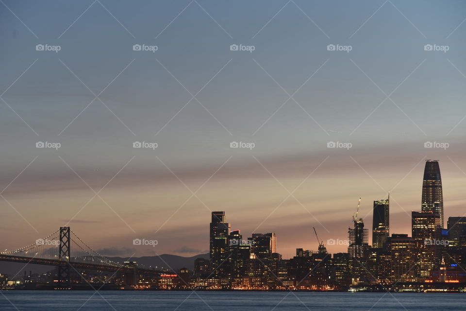 San Francisco skyline at dusk.