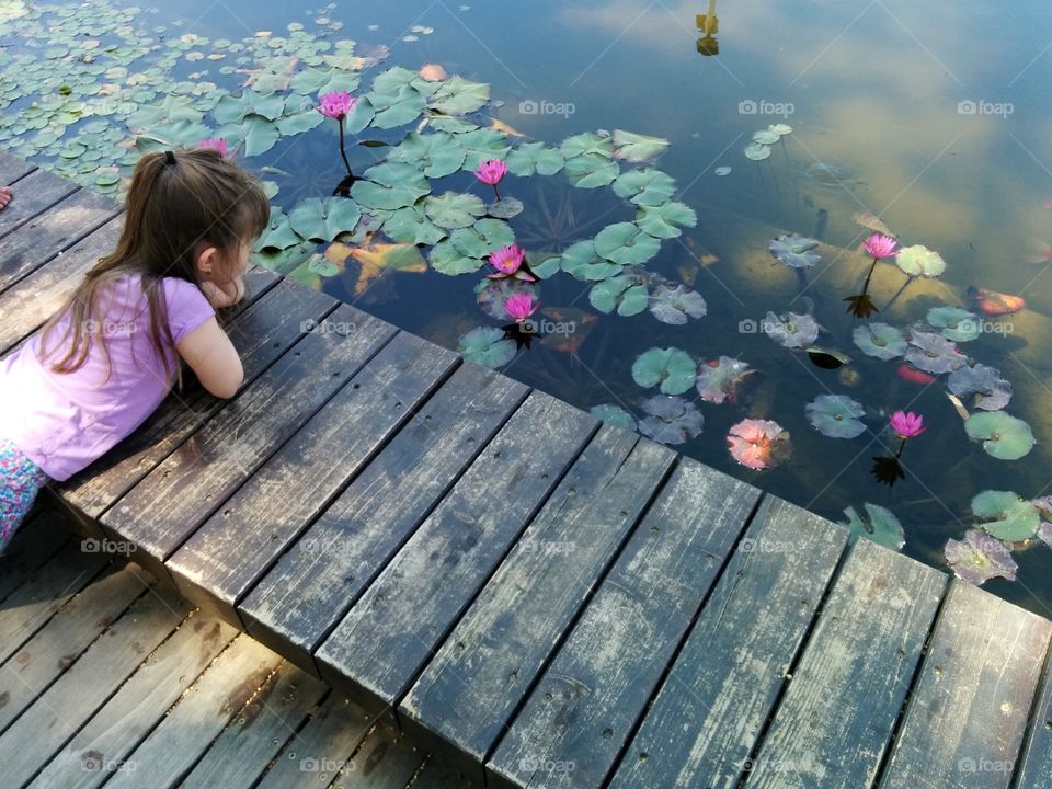 Girl lying on pier looking in pond