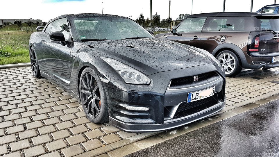 Nissan GTR on rain. Perfect pictur of Jap car taken in Germany