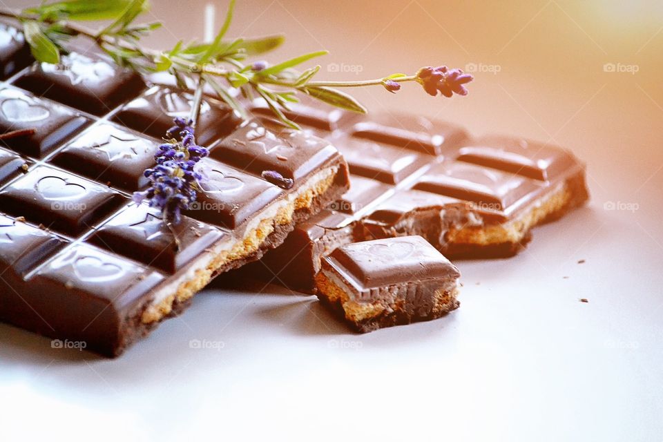 Close-up of chocolate bar with plant