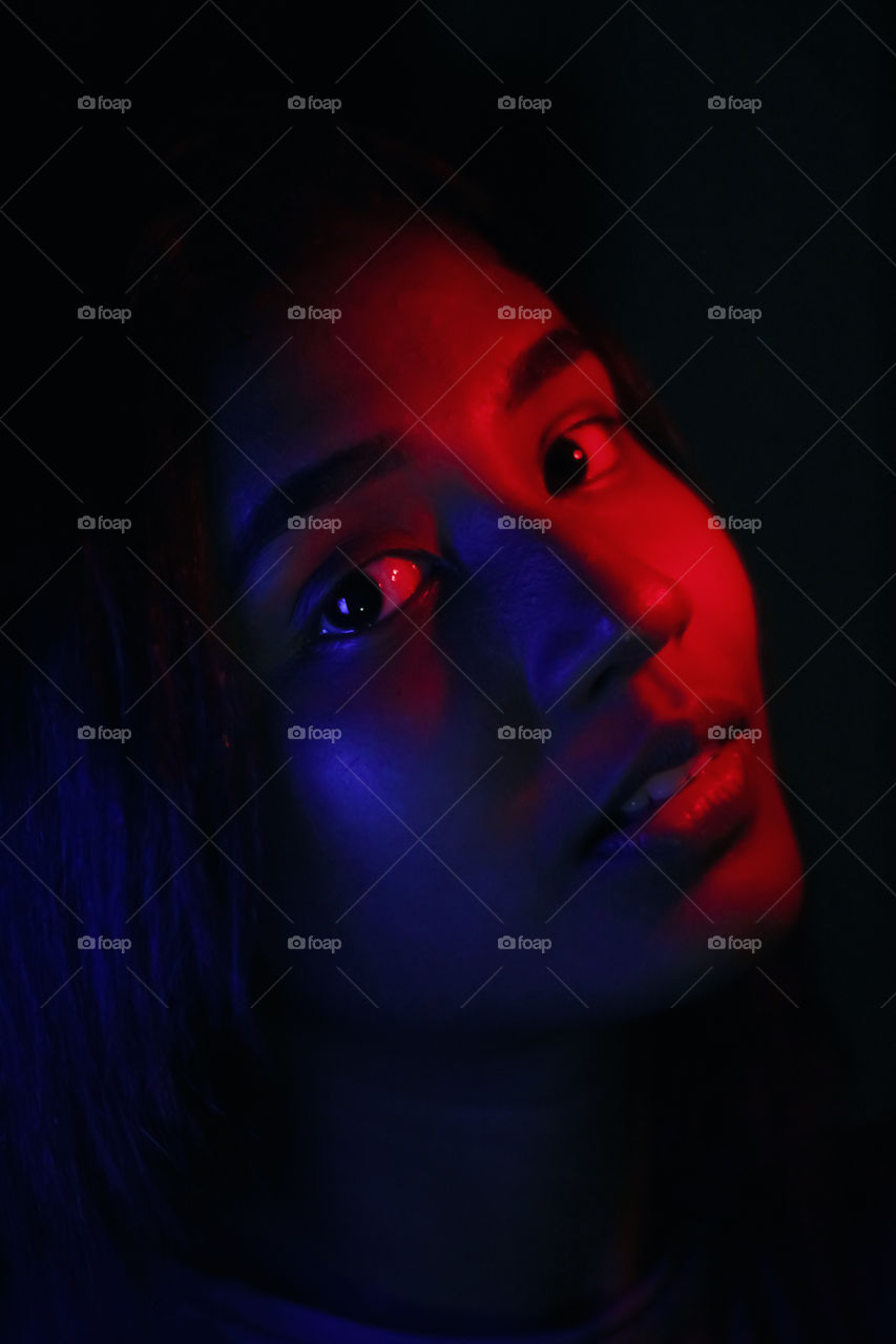 red and blue light portrait