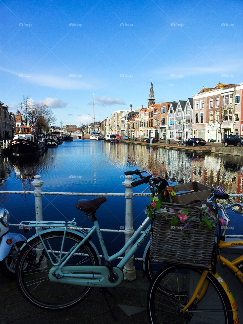 Colorful bikes at a canal in Leiden