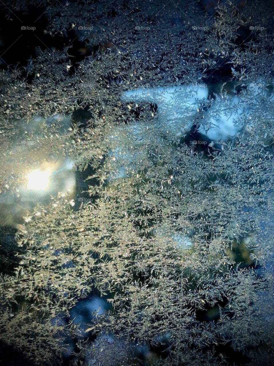 Frosty marvels. Frost on my front door glass window with the sun peeking thru. 