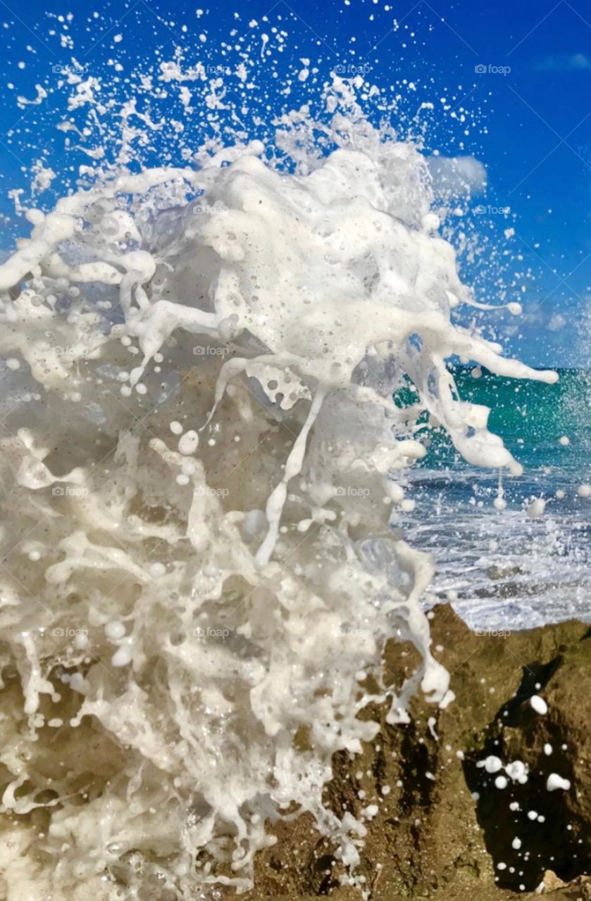 Amazing wave crashing water splashing with details of sea foam, sand, and shells