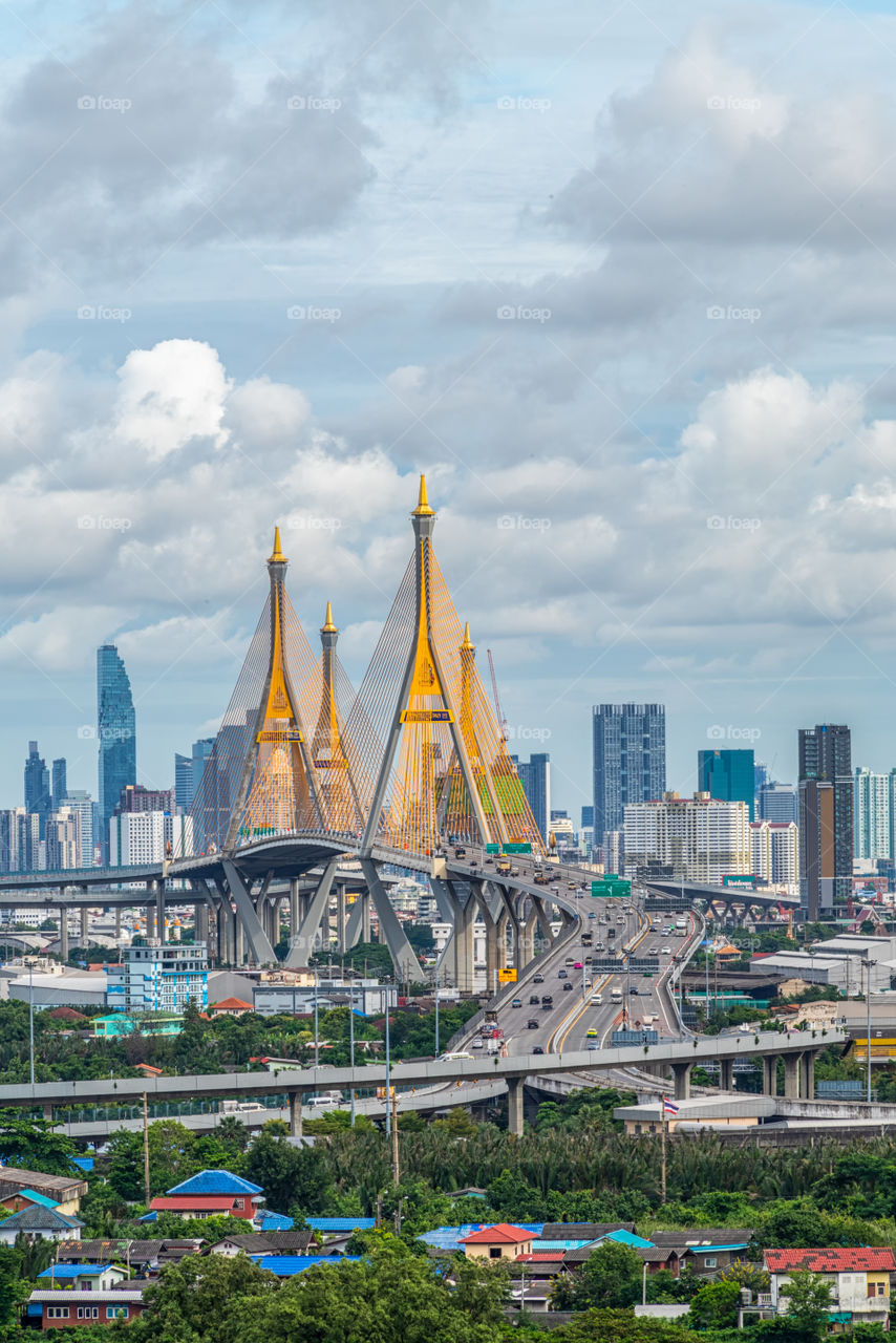 Beautiful scene of the famous Bhumibol bridge landmark in Thailand